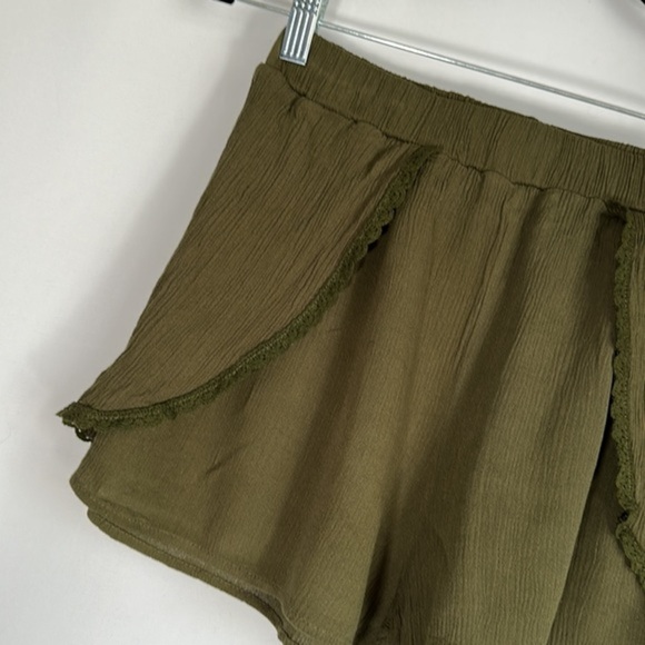 Workhall Olive Green Paper Bag Pleated Stripe Shorts - Picture 2 of 8